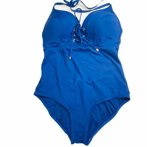 Niptuck Swimsuit Womens 6 Blue One Piece Padded Halter Open Back Lace Swimwear